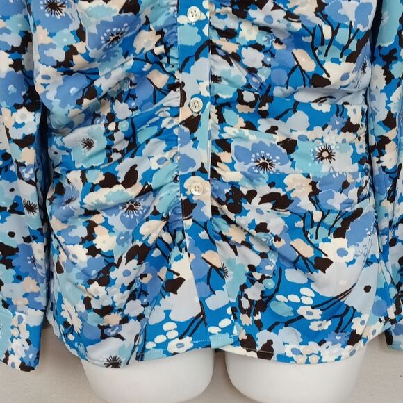 Rails Women Lisa Top Blue / White Long Sleeve Button Down Ruched Floral Top sz M - Picture 6 of 14